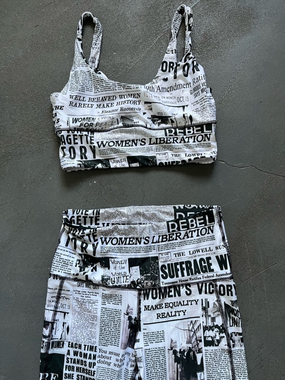 Women's Black & White Newspaper Print Two-Piece Set yoga set - Picture 3 of 6